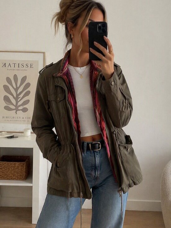 Ladakh Jackets & Blazers - 462-Ladakh Olive Utility Jacket Contrast Lining Military Style Drawstring Waist